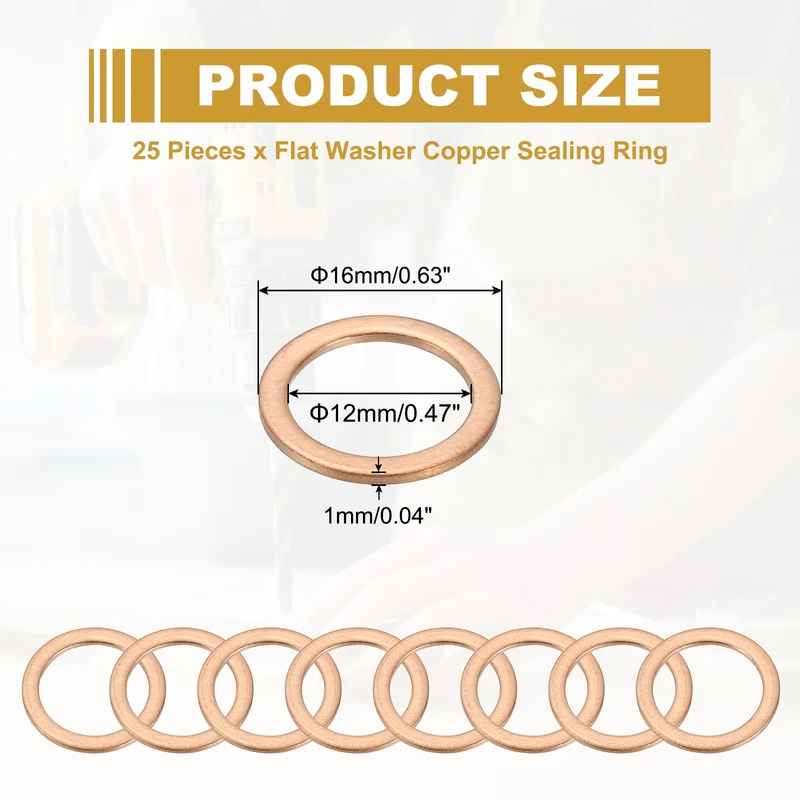 25Pcs M12 Copper Crush Washer Sealing Ring Gasket 12mm ID 16mm OD 1mm Thick