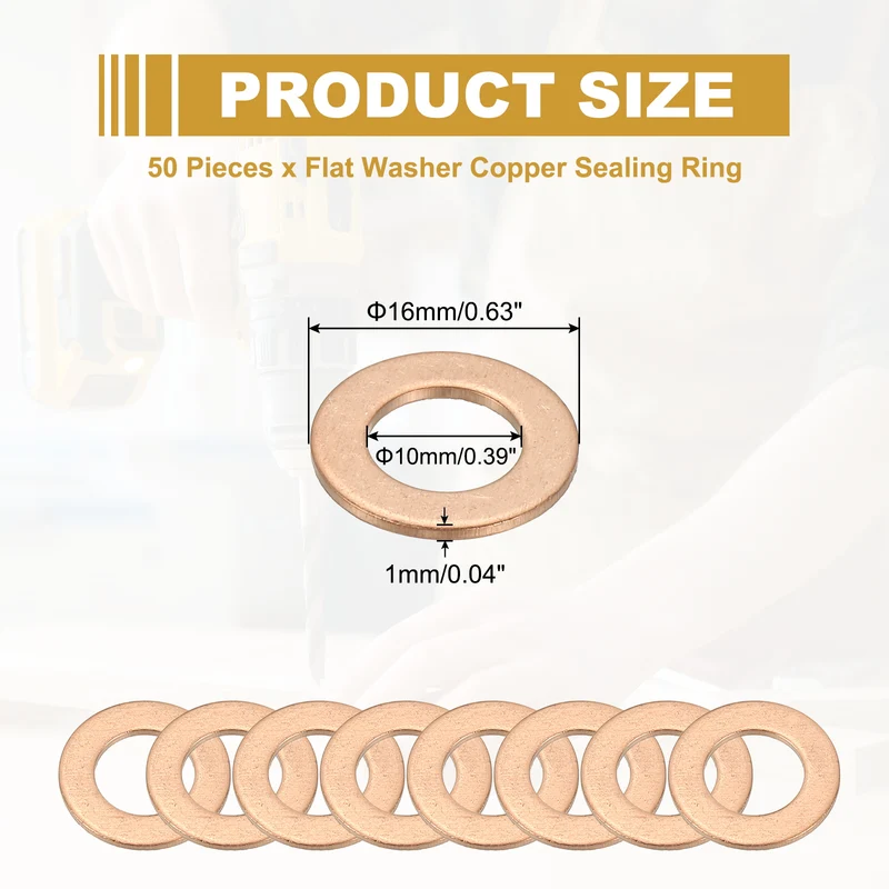 50Pcs M10 Copper Crush Washer Sealing Ring Gasket 10mm ID 16mm OD 1mm Thick