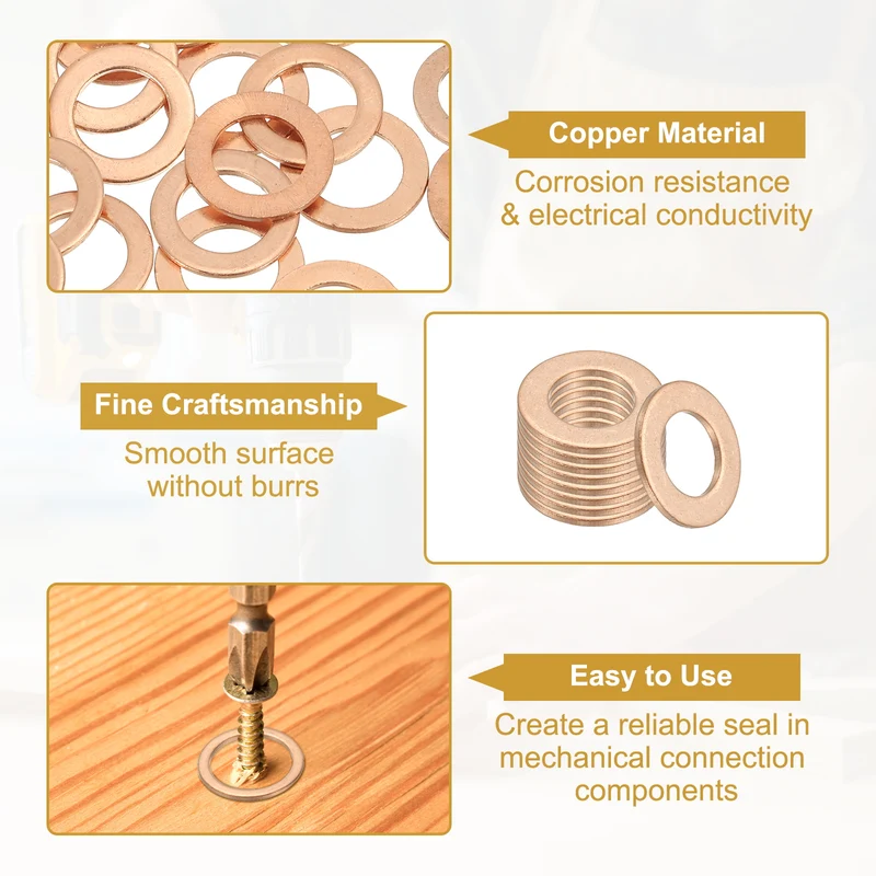 50Pcs M10 Copper Crush Washer Sealing Ring Gasket 10mm ID 16mm OD 1mm Thick