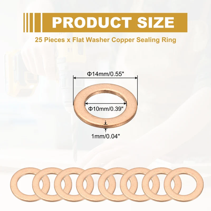 25Pcs M10 Copper Crush Washer Sealing Ring Gasket 10mm ID 14mm OD 1mm Thick