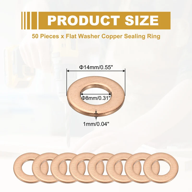 50Pcs M8 Copper Crush Washer Sealing Ring Gasket 8mm ID 14mm OD 1mm Thick