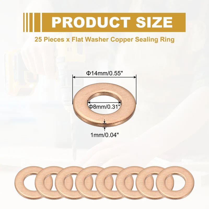 25Pcs M8 Copper Crush Washer Sealing Ring Gasket 8mm ID 14mm OD 1mm Thick