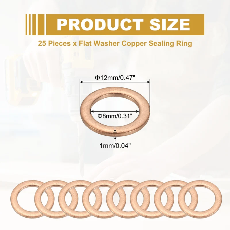 25Pcs M8 Copper Crush Washer Sealing Ring Gasket 8mm ID 12mm OD 1mm Thick