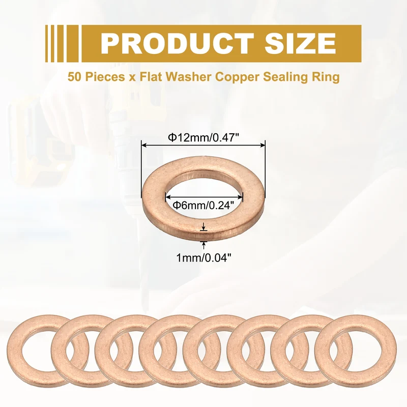 50Pcs M6 Copper Crush Washer Sealing Ring Gasket 6mm ID 12mm OD 1mm Thick