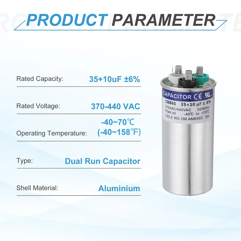 CBB65 Capacitor, 35+10uF 370-440 VAC 50/60Hz Aluminium Round Capacitor