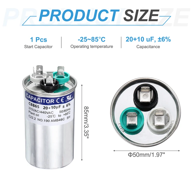 20+10MFD CBB65 Run Start Capacitor 20+10uF, 370/440V Round AC Capacitor