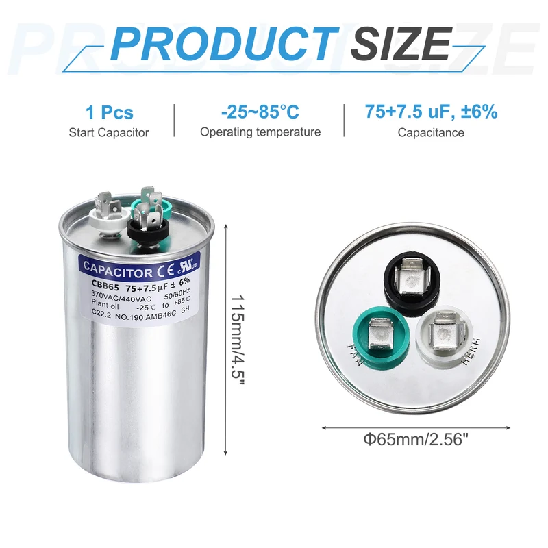 75+7.5MFD CBB65 Run Start Capacitor 75+7.5uF 370/440V Round AC Capacitor