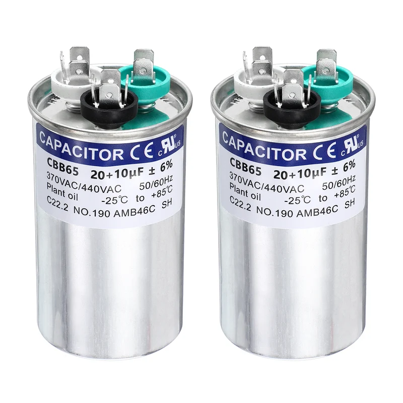 2Pcs 20+10MFD CBB65 Run Start Capacitor 20+10uF, 370/440V Round AC Capacitor
