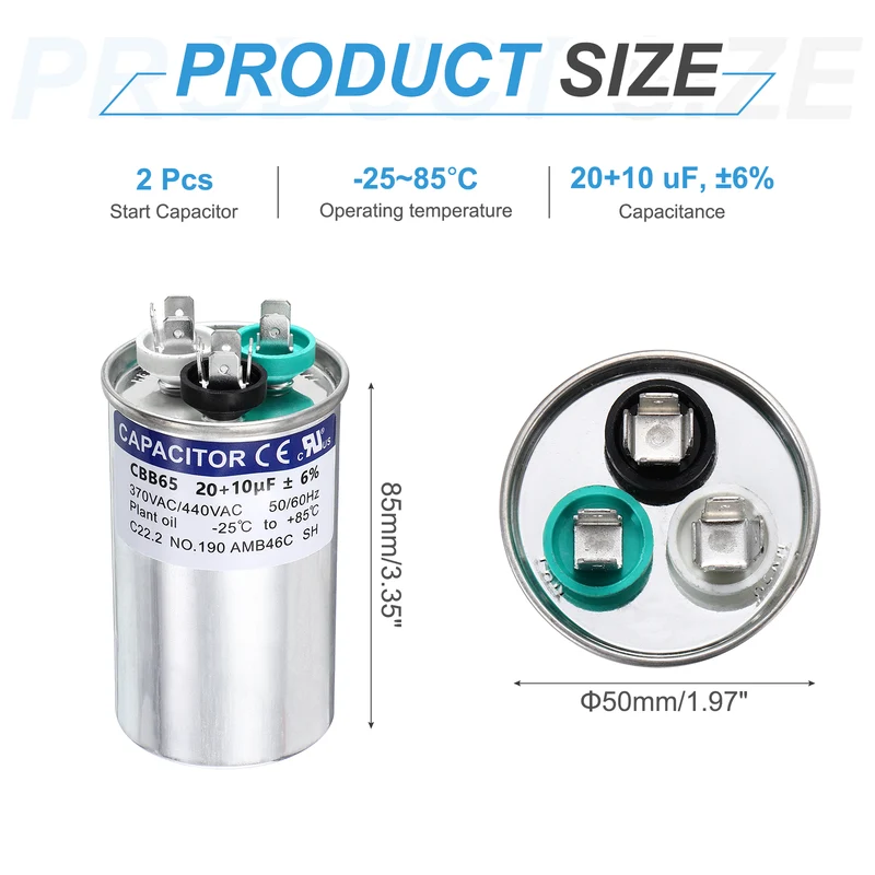 2Pcs 20+10MFD CBB65 Run Start Capacitor 20+10uF, 370/440V Round AC Capacitor