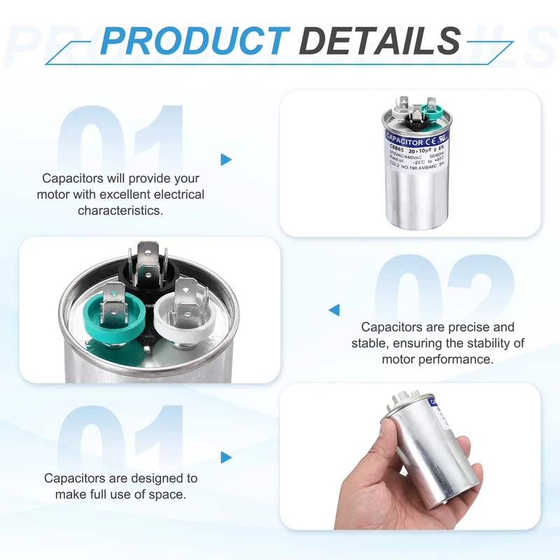 2Pcs 20+10MFD CBB65 Run Start Capacitor 20+10uF, 370/440V Round AC Capacitor