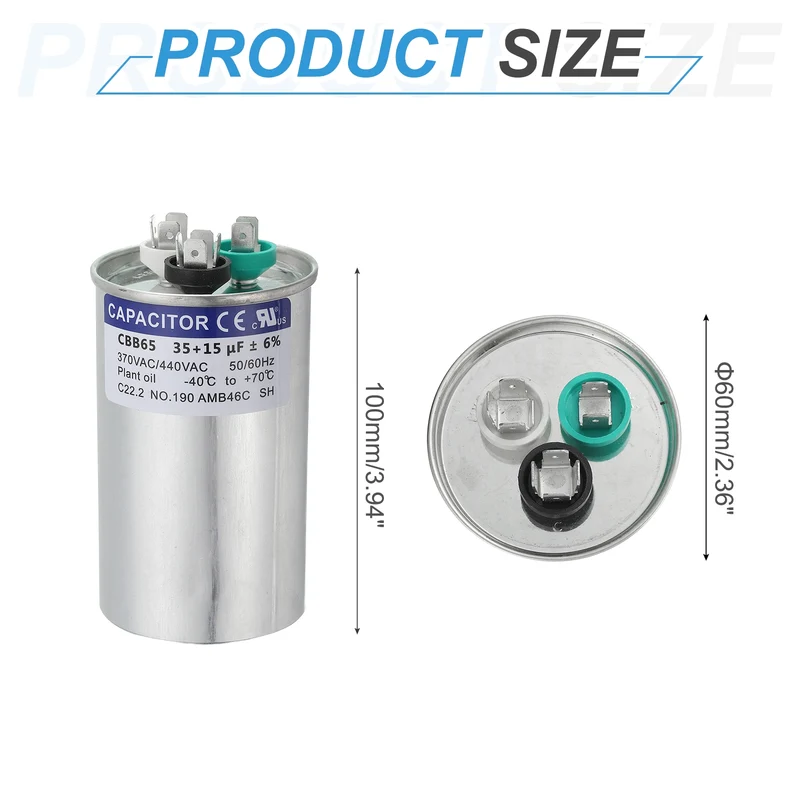 CBB65 Capacitor, 35+15uF 370-440 VAC 50/60Hz Aluminium Round Capacitor