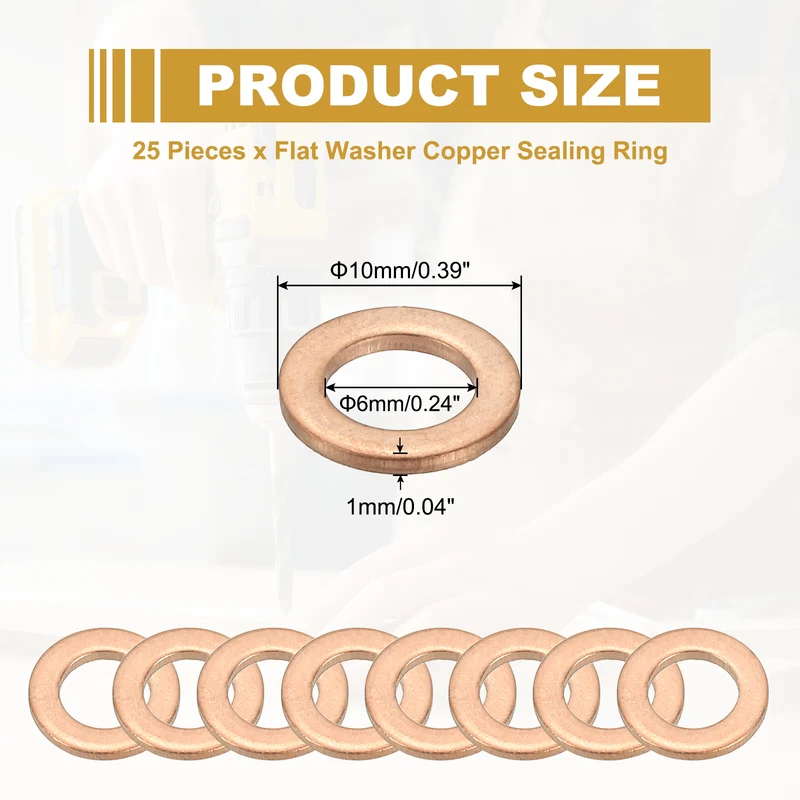 25Pcs M6 Copper Crush Washer Sealing Ring Gasket 6mm ID 10mm OD 1mm Thick