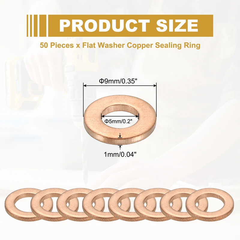 50Pcs M5 Copper Crush Washer Sealing Ring Gasket 5mm ID 9mm OD 1mm Thick