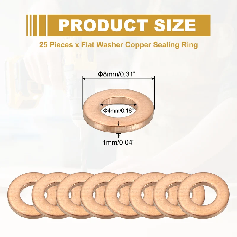 25Pcs M4 Copper Crush Washer Sealing Ring Gasket 4mm ID 8mm OD 1mm Thick