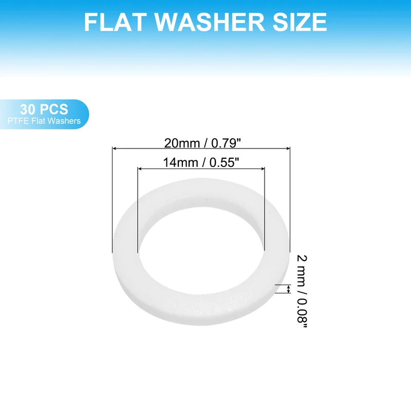 30Pcs PTFE Flat Washers 14x20x2mm Sealing Spacer Flange Gasket White