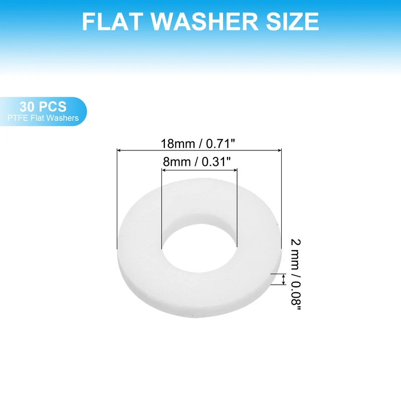 30Pcs PTFE Flat Washers 8x18x2mm Sealing Spacer Flange Gasket White,