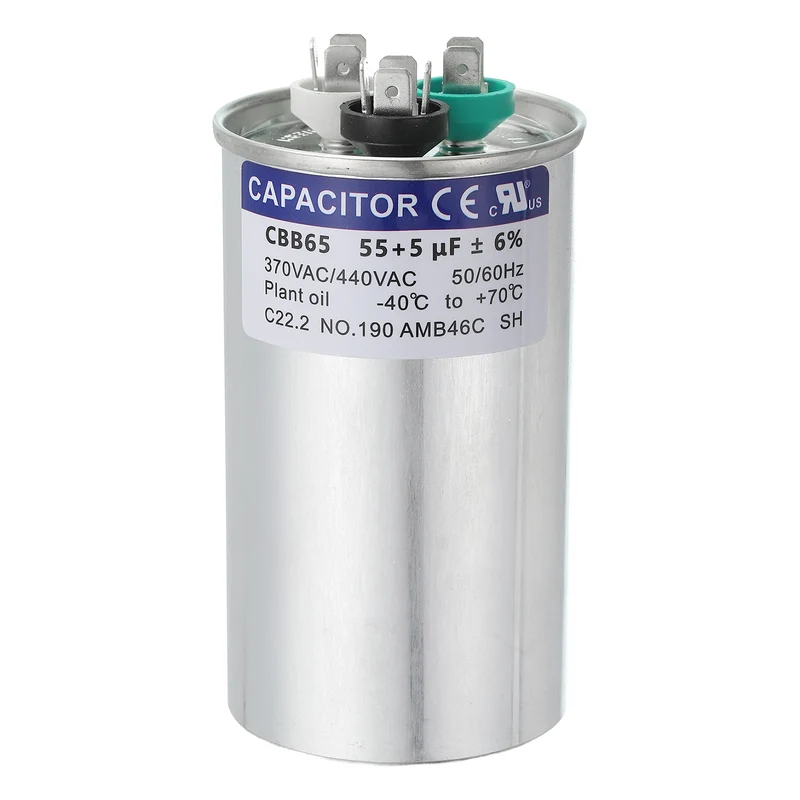 CBB65 Capacitor, 55+5uF 370-440 VAC 50/60Hz Aluminium Round Capacitor