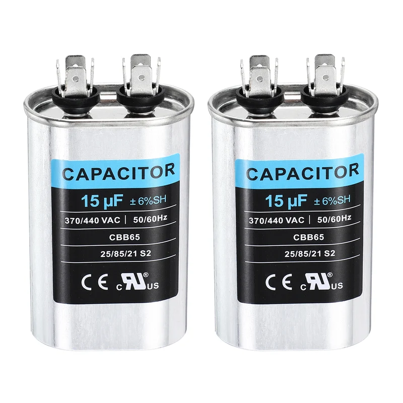 2Pcs 15MFD CBB65 Run Start Capacitor 15uF, 370/440V Oval AC Capacitor