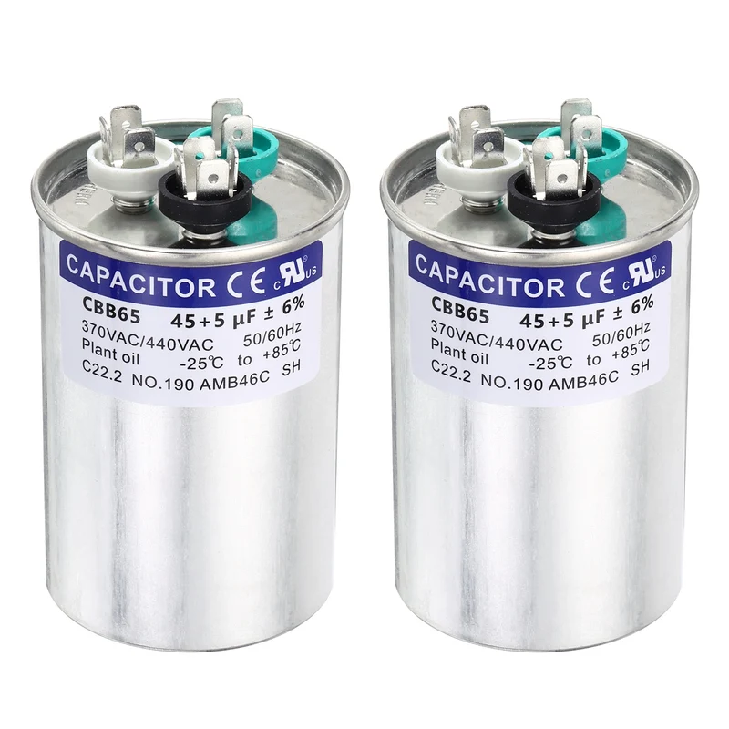 2Pcs 45+5MFD CBB65 Run Start Capacitor 45+5uF 370/440V Round AC Capacitor