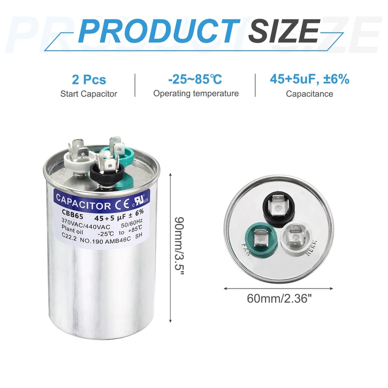 2Pcs 45+5MFD CBB65 Run Start Capacitor 45+5uF 370/440V Round AC Capacitor