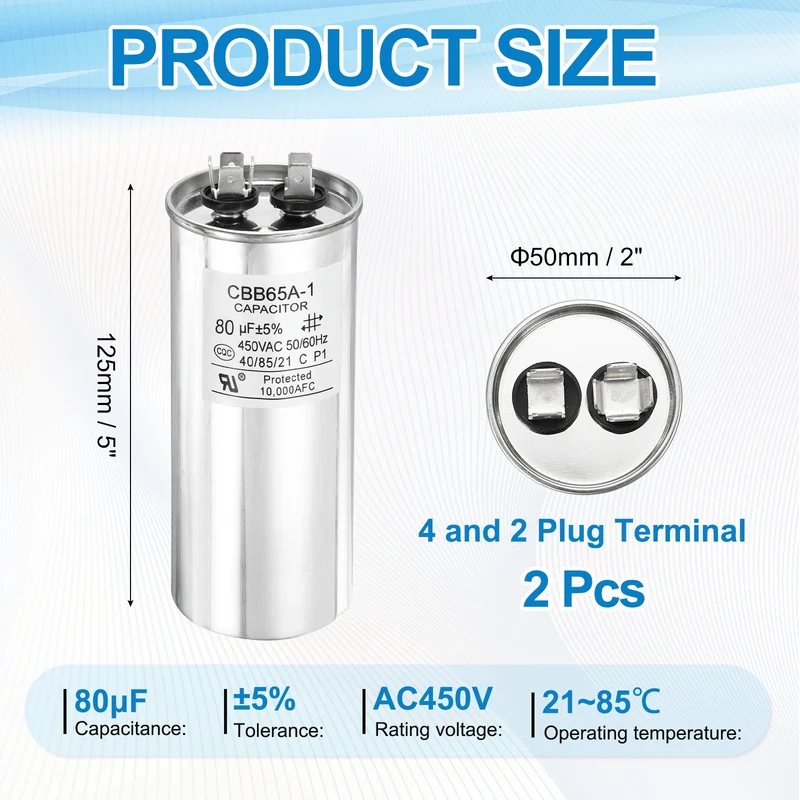 2 Pcs CBB65 Run Capacitor, Aluminum Case, 450V 80 F 5%