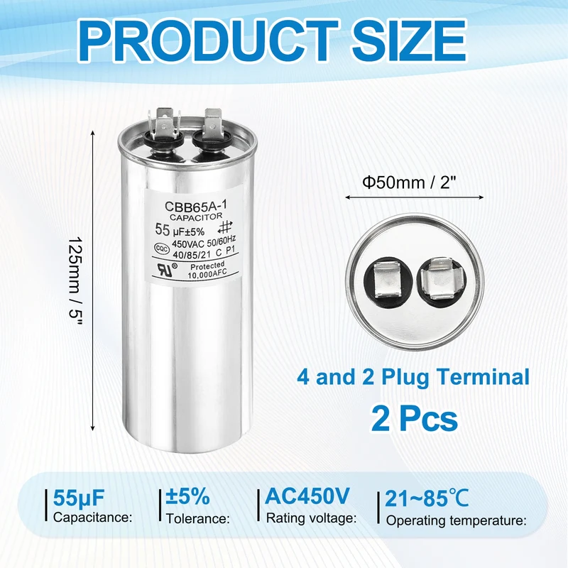 2 Pcs CBB65 Run Capacitor, Aluminum Case, 450V 55 F 5%