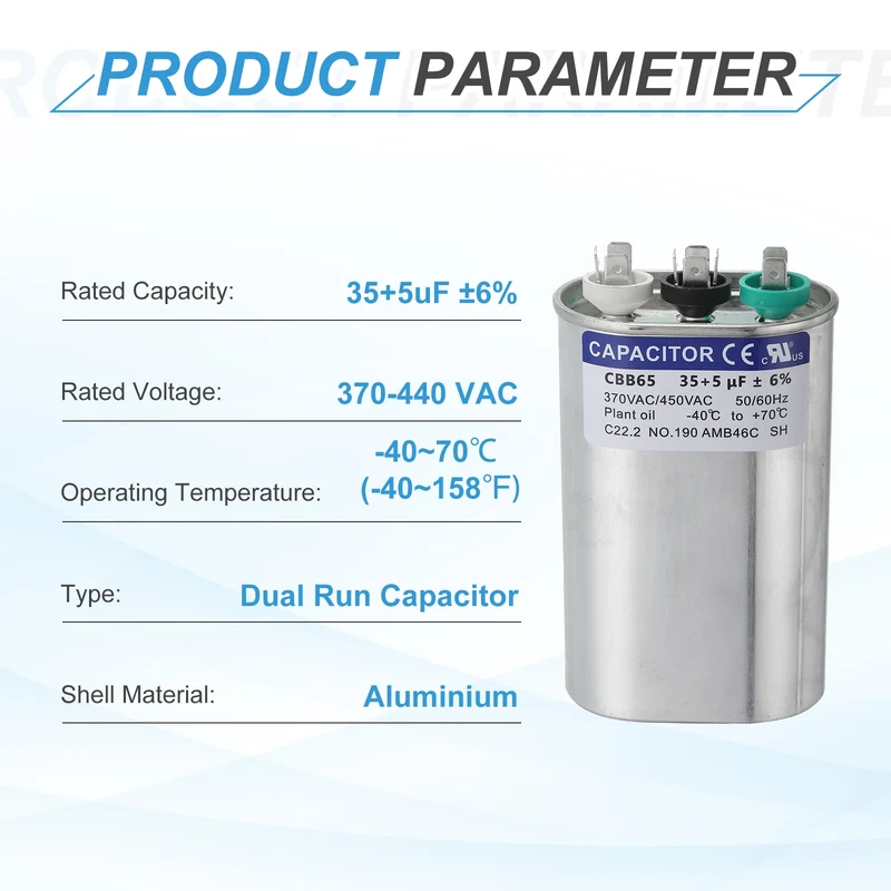 CBB65 Capacitor, 35+5uF 370-440 VAC 50/60Hz Aluminium Capacitor