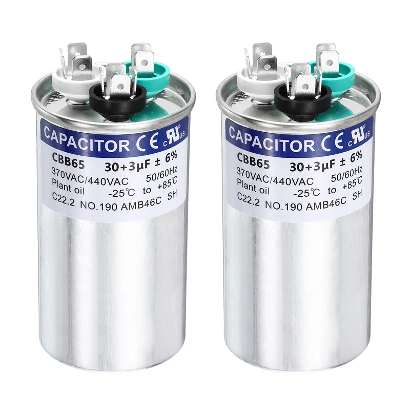 2Pcs 30+3MFD CBB65 Run Start Capacitor 30+3uF, 370/440V Round AC Capacitor