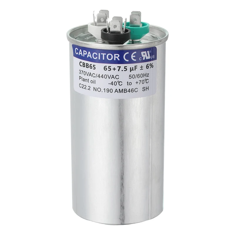 CBB65 Capacitor, 65+7.5uF 370-440 VAC 50/60Hz Aluminium Round Capacitor