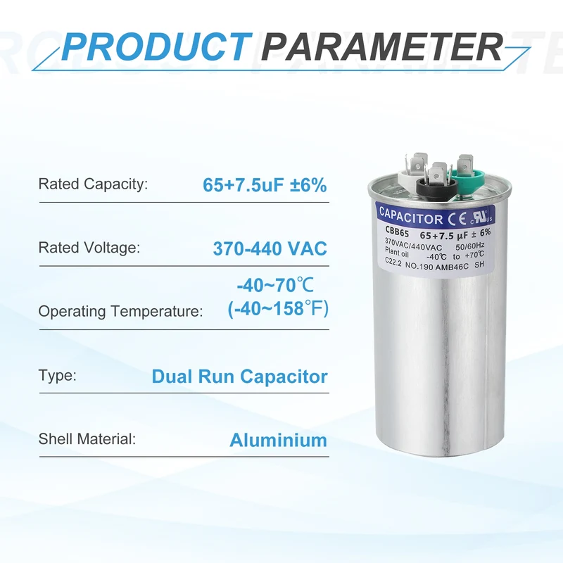 CBB65 Capacitor, 65+7.5uF 370-440 VAC 50/60Hz Aluminium Round Capacitor