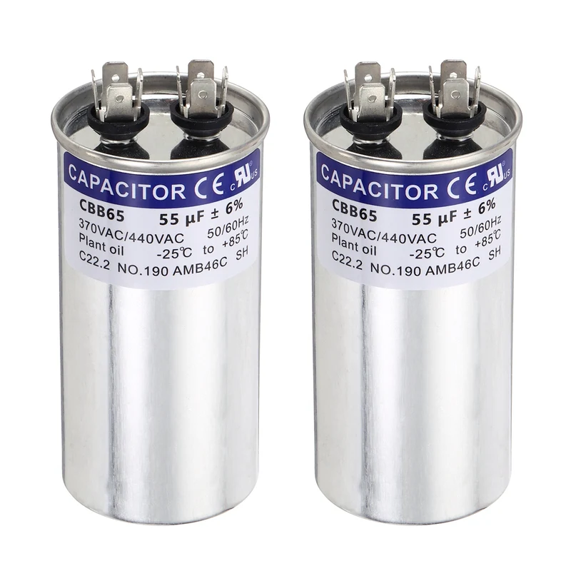 2Pcs 55MFD CBB65 Run Start Capacitor 55uF 370/440V Round AC Capacitor
