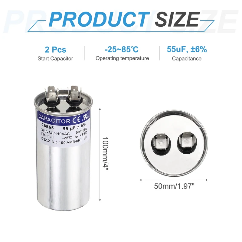 2Pcs 55MFD CBB65 Run Start Capacitor 55uF 370/440V Round AC Capacitor