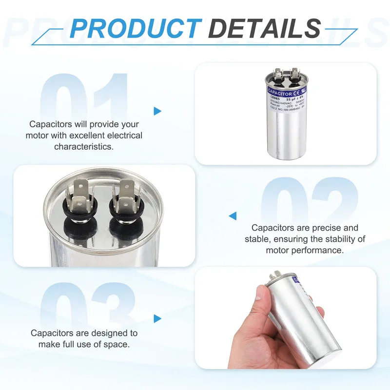 2Pcs 55MFD CBB65 Run Start Capacitor 55uF 370/440V Round AC Capacitor