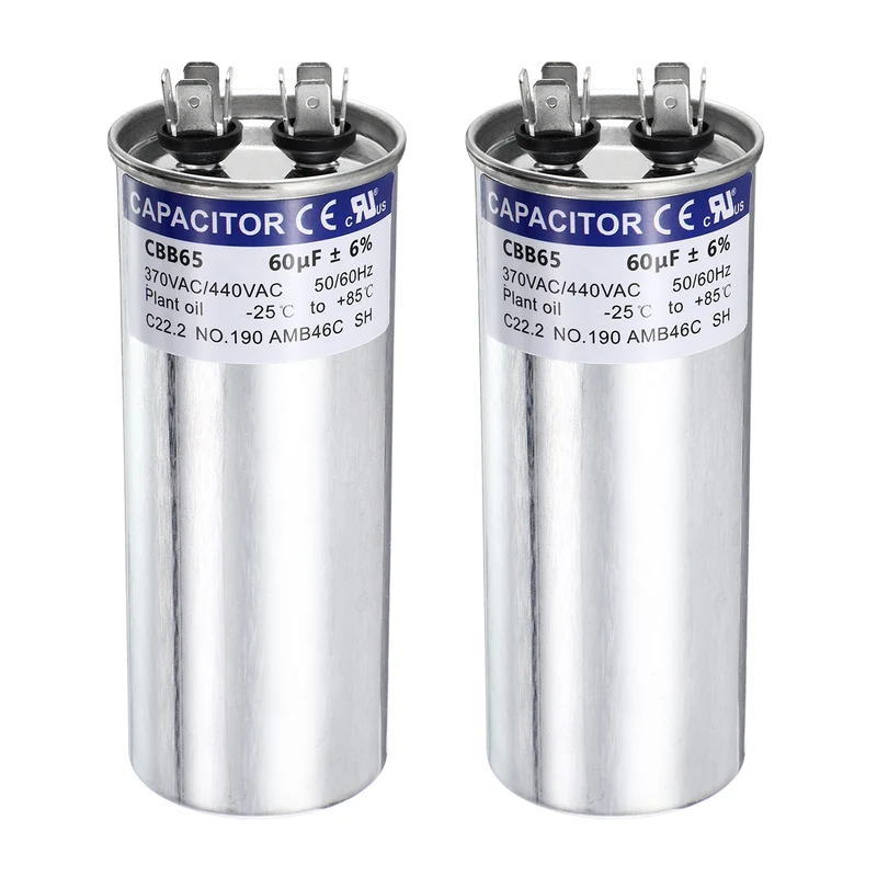 2Pcs 60MFD CBB65 Run Start Capacitor 60uF 370/440V Round AC Capacitor