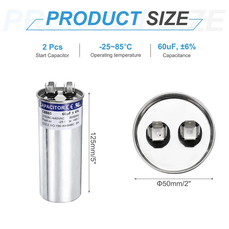 2Pcs 60MFD CBB65 Run Start Capacitor 60uF 370/440V Round AC Capacitor