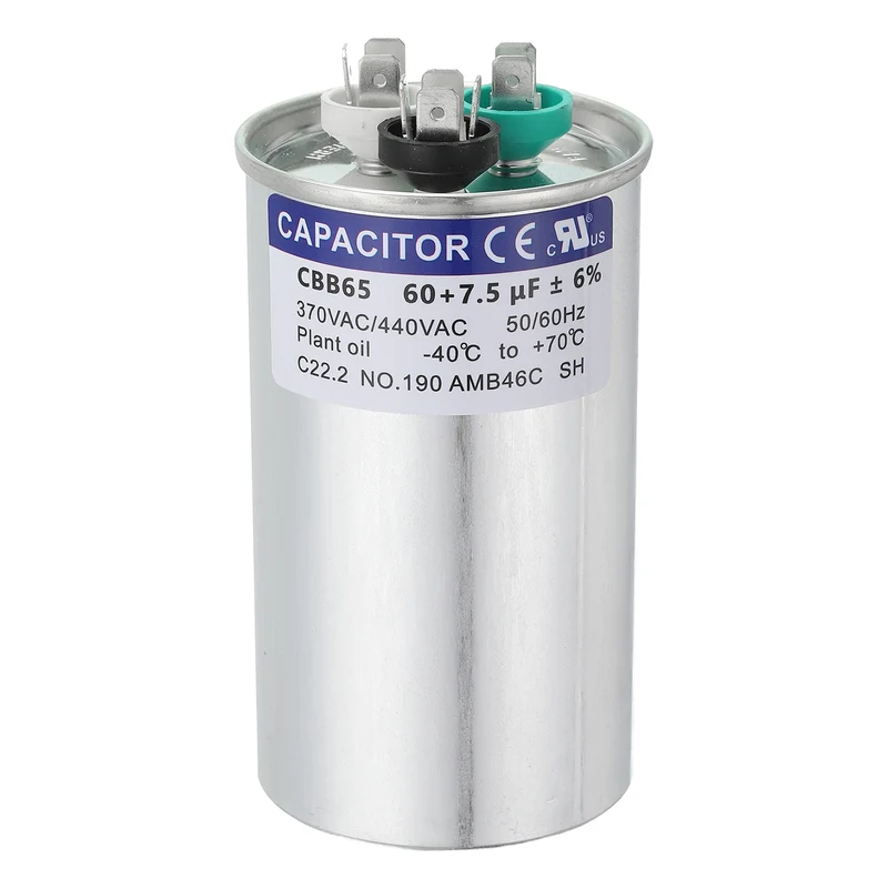 CBB65 Capacitor, 60+7.5uF 370-440 VAC 50/60Hz Aluminium Round Capacitor