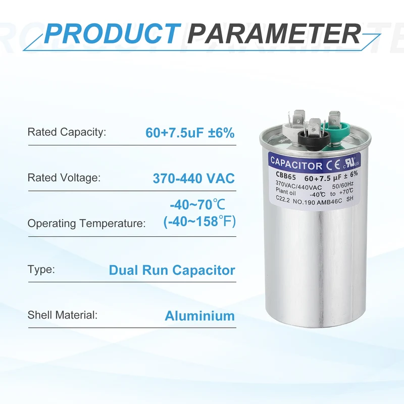CBB65 Capacitor, 60+7.5uF 370-440 VAC 50/60Hz Aluminium Round Capacitor