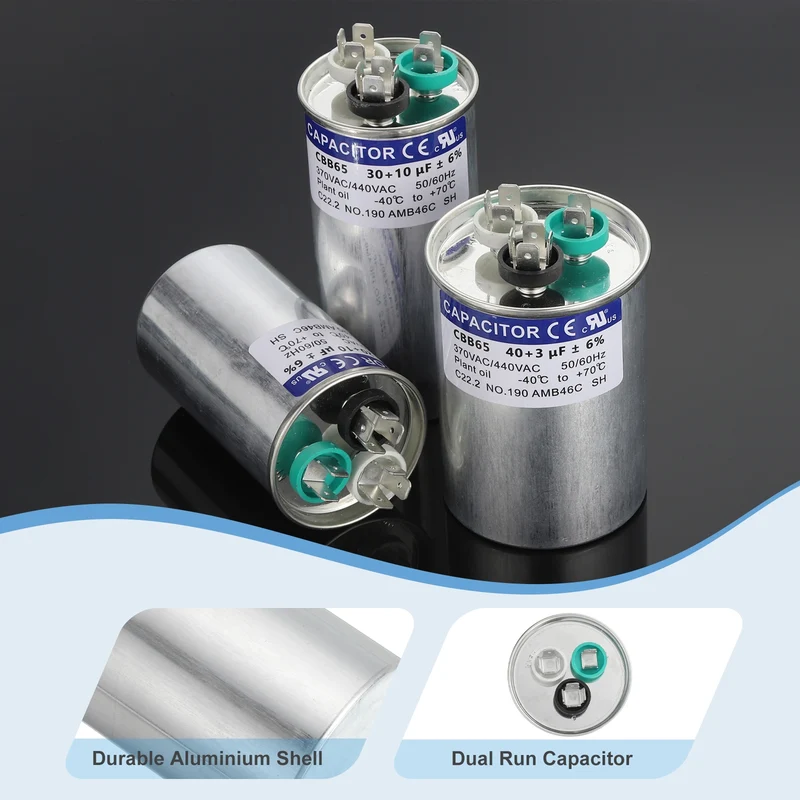 CBB65 Capacitor, 60+7.5uF 370-440 VAC 50/60Hz Aluminium Round Capacitor