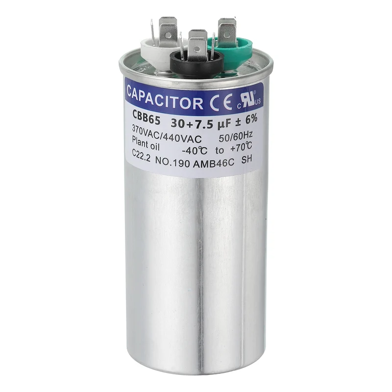 CBB65 Capacitor, 30+7.5uF 370-440 VAC 50/60Hz Aluminium Round Capacitor