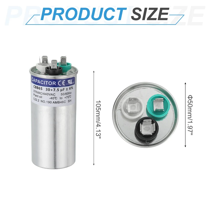 CBB65 Capacitor, 30+7.5uF 370-440 VAC 50/60Hz Aluminium Round Capacitor