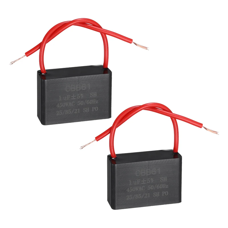 2 Pcs 1uF 450V AC 2 Wires CBB61 Ceiling Fan Capacitor, 37x24.5x25mm