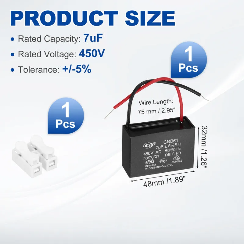 7uF 450V AC 2 Wires CBB61 Ceiling Fan Capacitor, 48x32x19mm
