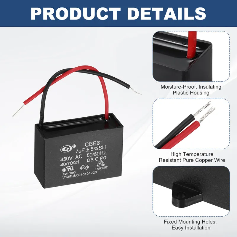 7uF 450V AC 2 Wires CBB61 Ceiling Fan Capacitor, 48x32x19mm