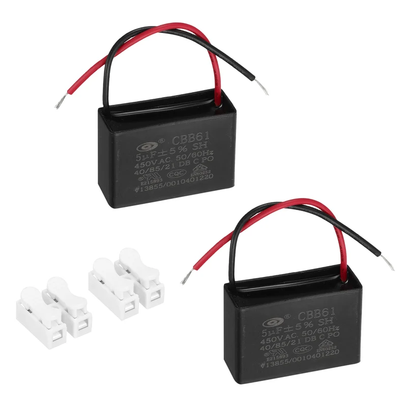 5uF 450V AC 2 Wires CBB61 Ceiling Fan Capacitor, 2pcs, 46.5x31.5x19mm
