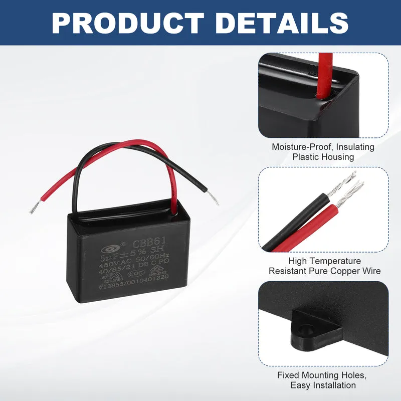 5uF 450V AC 2 Wires CBB61 Ceiling Fan Capacitor, 2pcs, 46.5x31.5x19mm