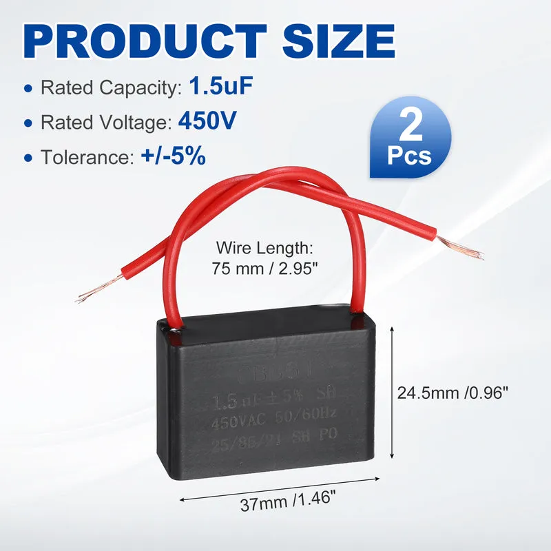 2 Pcs 1.5uF 450V AC 2 Wires CBB61 Ceiling Fan Capacitor, 37x24.5x25mm