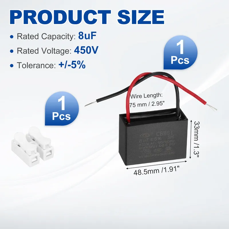 8uF 450V AC 2 Wires CBB61 Ceiling Fan Capacitor, 48.5x33x21.5mm