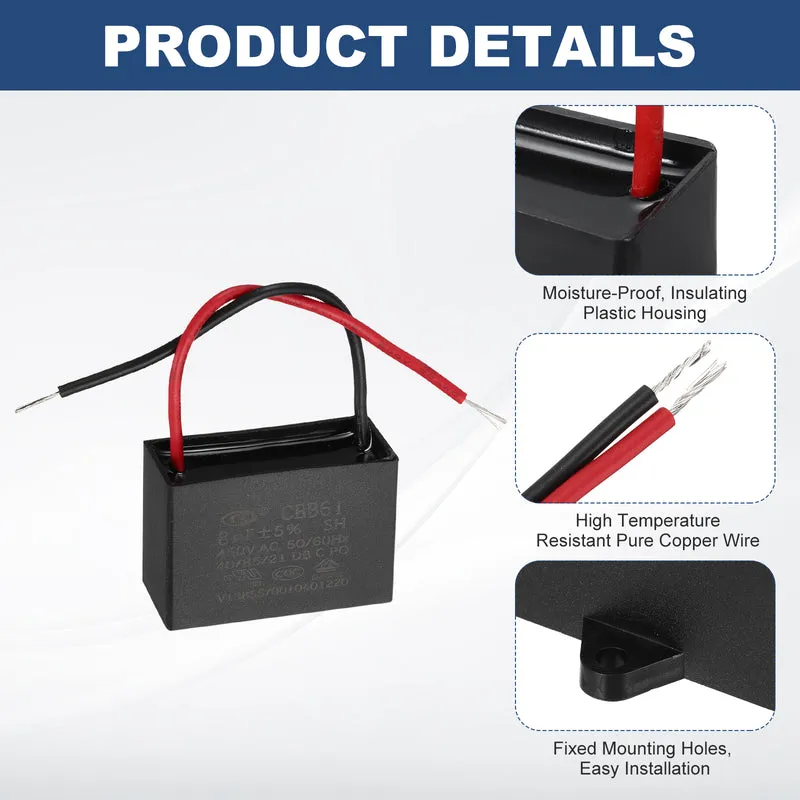 8uF 450V AC 2 Wires CBB61 Ceiling Fan Capacitor, 48.5x33x21.5mm