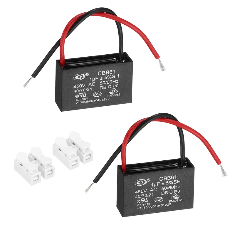 1uF 450V AC 2 Wires CBB61 Ceiling Fan Capacitor, 2pcs, 37x23.5x12mm