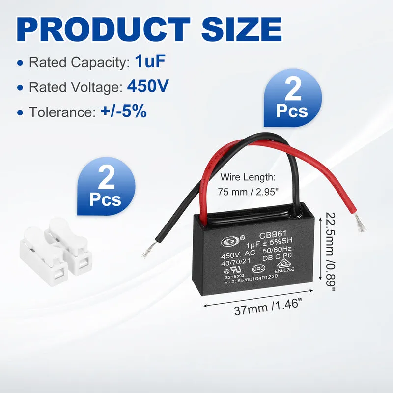 1uF 450V AC 2 Wires CBB61 Ceiling Fan Capacitor, 2pcs, 37x23.5x12mm